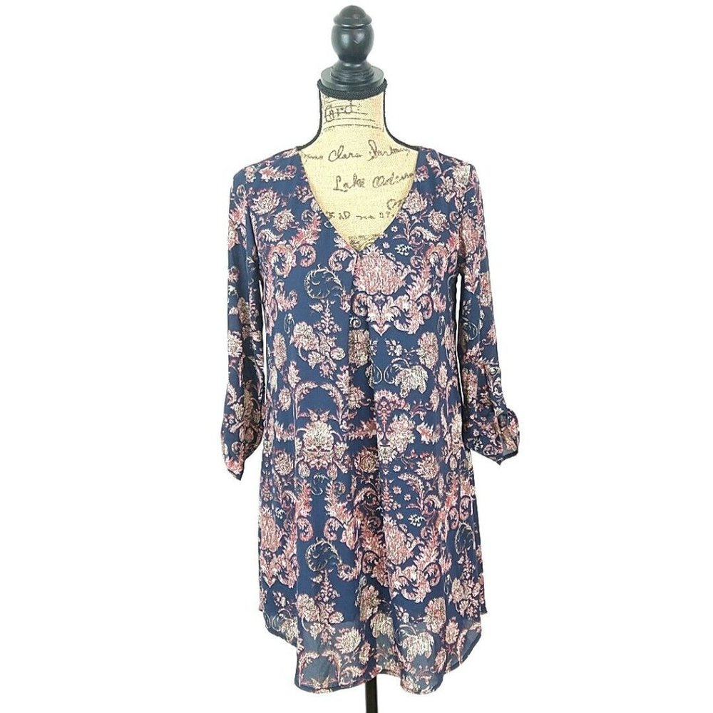 Lush Womens S Dress Blue Floral V Neck Roll Tab Sleeve Shift Short Knee Length